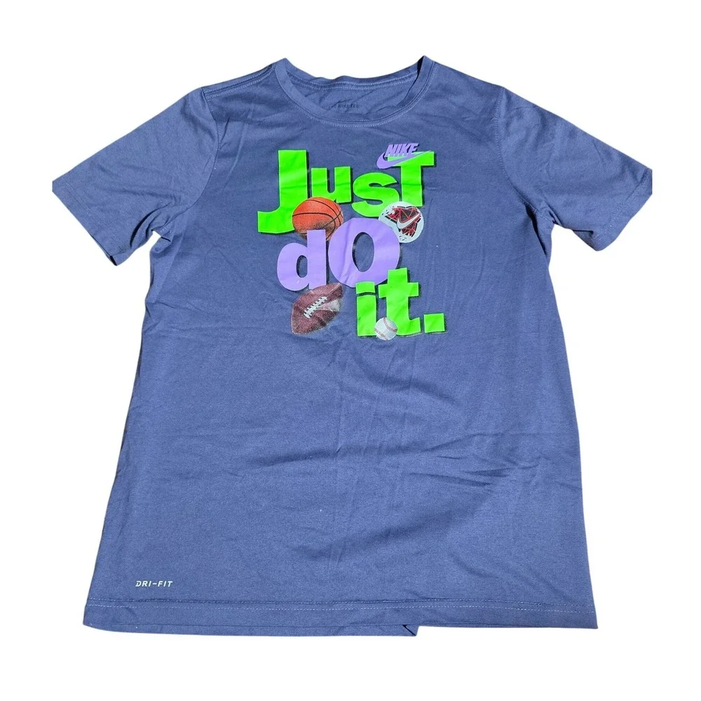 Nike Dri-FIT Just Do It Sports Graphic T-Shirt Blue Purple XL Kids Girls A0